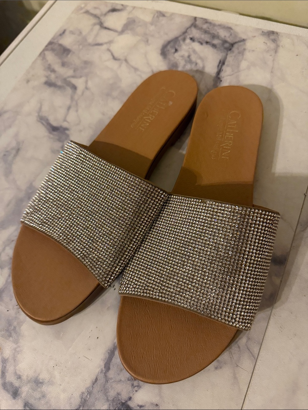 Catherine Malandrino Tan Slide Sandals with Crystal-Embellished Band